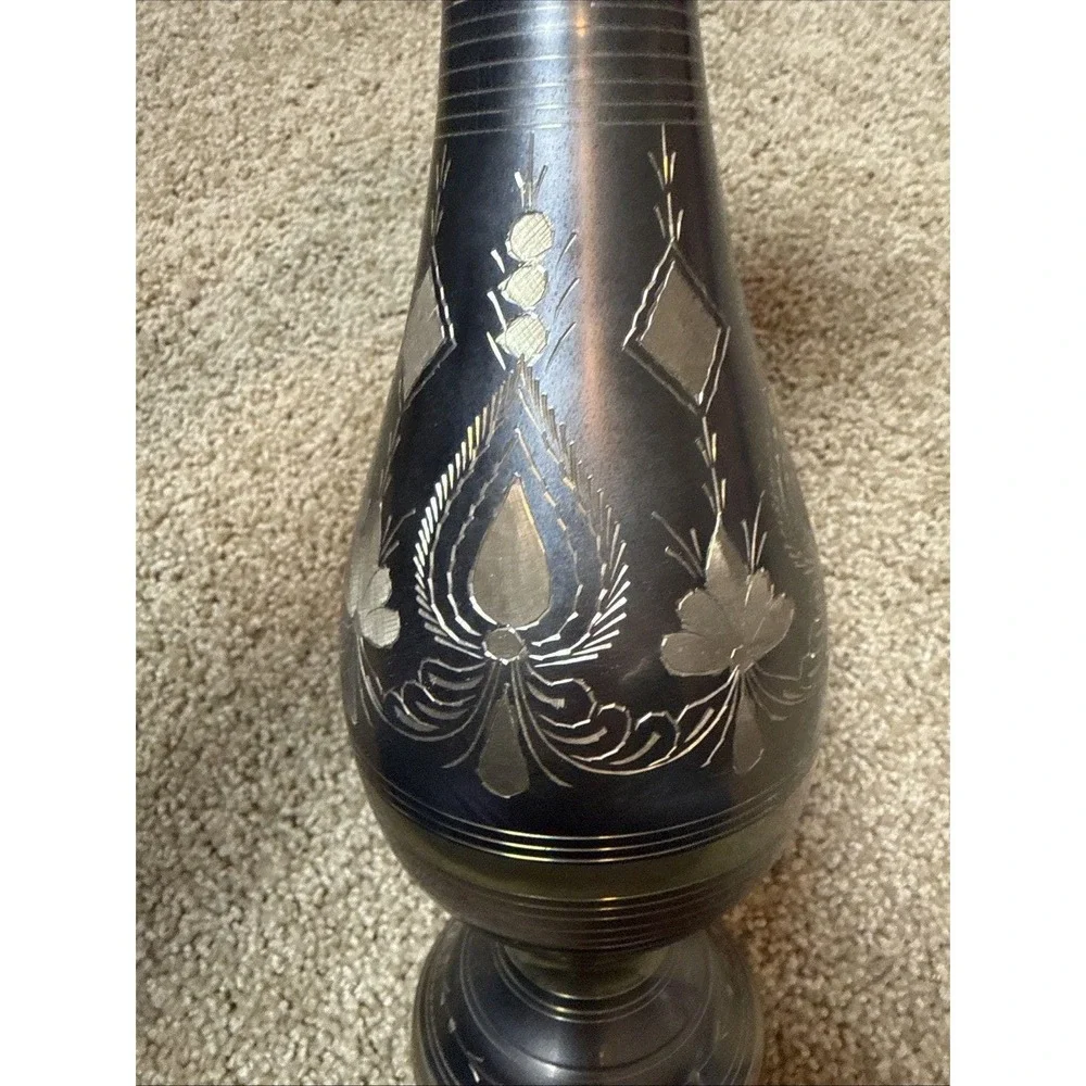 Vintage Black Etched Brass Vase Handcrafted in India 13